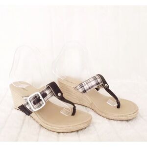 DEXTER Sz 7 Thong Wedge Espadrilles Blue Wht Plaid